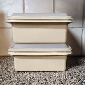 2 Vtg Tupperware Ice Cream Keeper Freeze N Save Containers with Lids Beige 1254